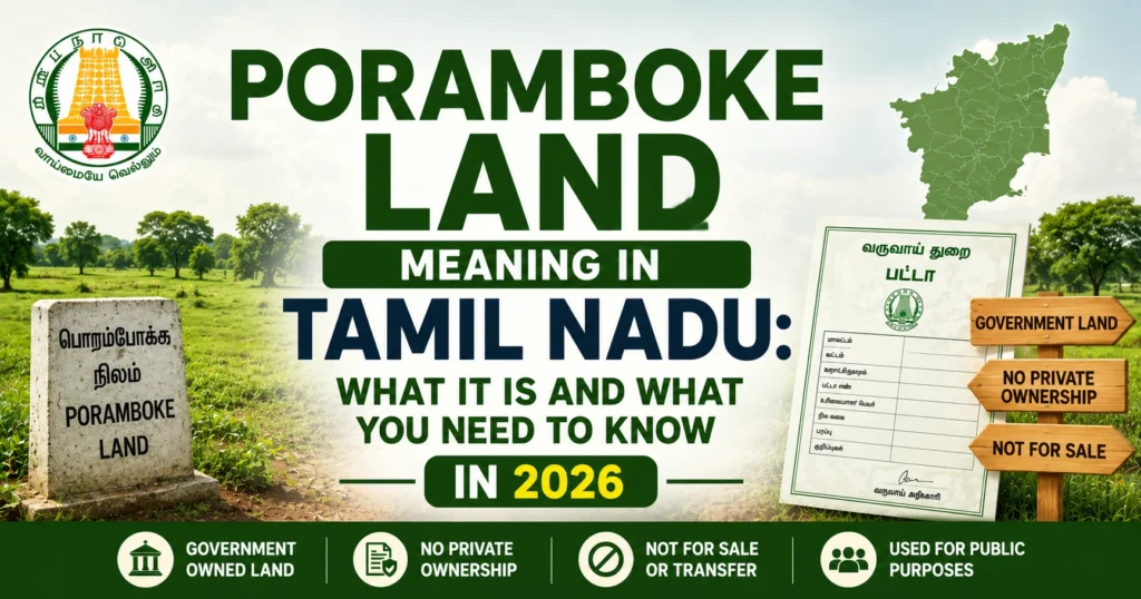 **Poramboke Land Meaning in Tamil Nadu: What It Is and What You Need to Know in 2026** blog banner featuring government-owned land, a Tamil Nadu land record document, state map, and centered title on a green rural background.