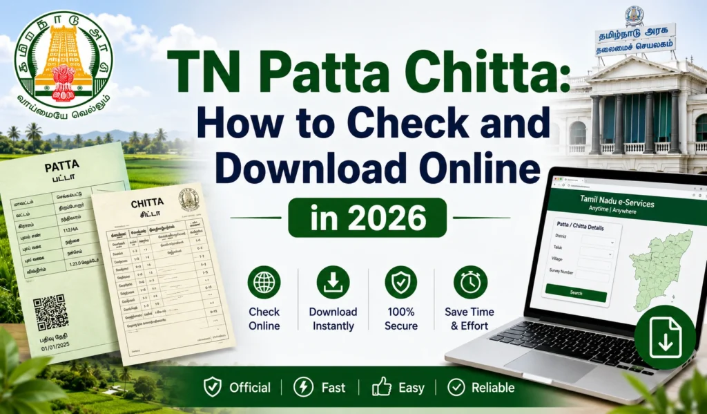 **TN Patta Chitta: How to Check and Download Online in 2026** blog banner featuring Patta and Chitta land record documents, the Tamil Nadu e-Services portal on a laptop, government building, and centered title on a green and blue background.