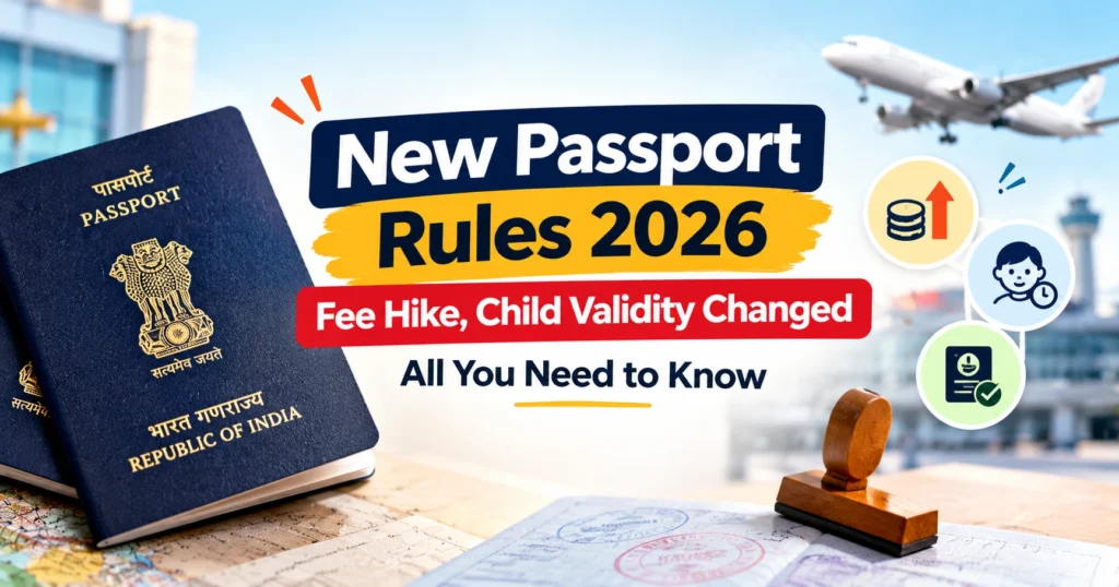New Passport Rules 2026 infographic featuring Indian passports, increased fee symbol, child passport validity updates, and airport travel background.