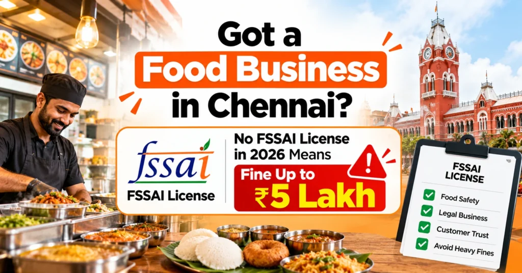 FSSAI license requirements for food businesses in Chennai in 2026, highlighting food safety, licensing, and potential fines of up to ₹5 lakh.